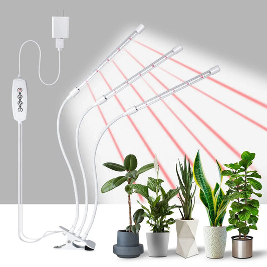 LED plantelys med 3 fleksible hoder og klip, hvit