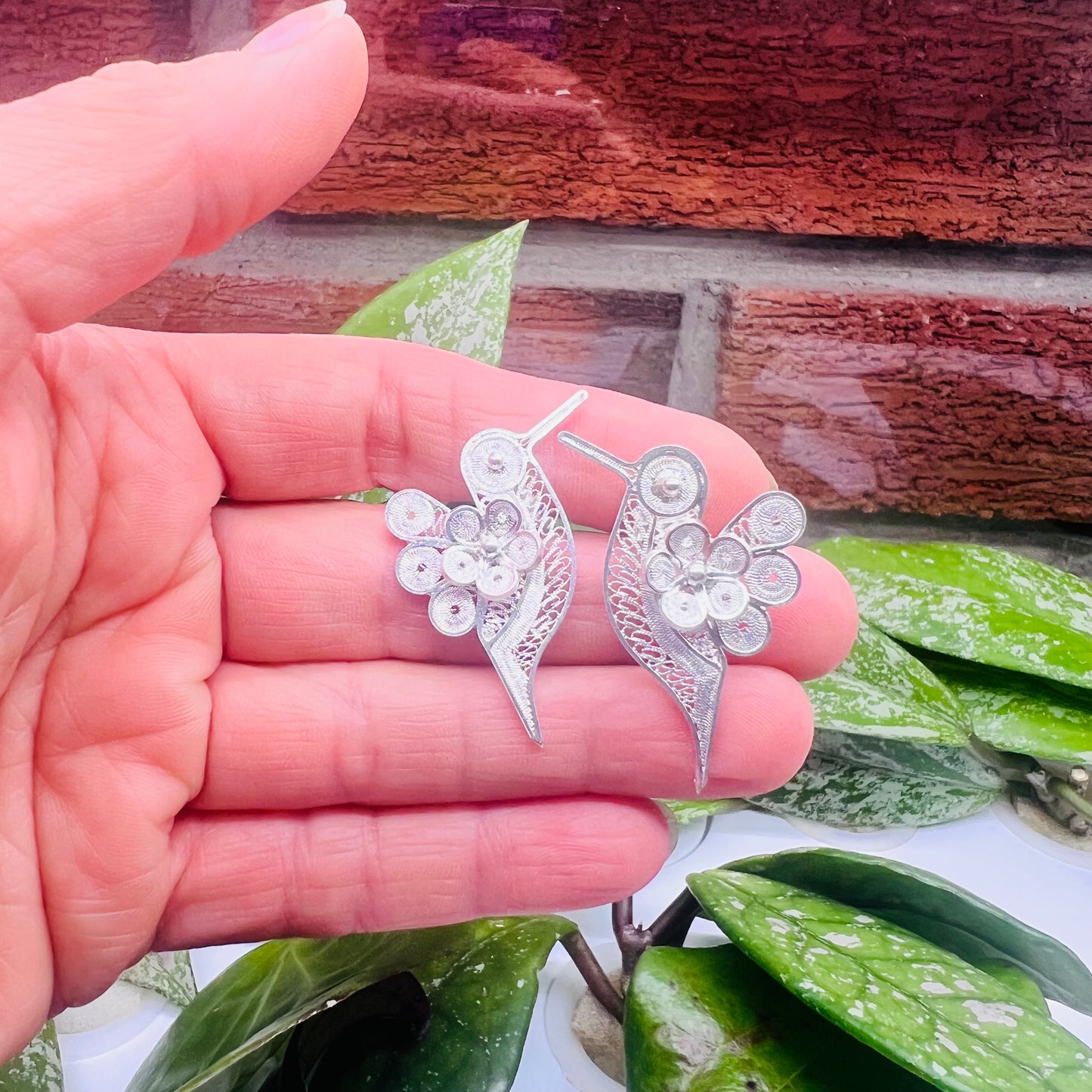 Øredobber kolibri i sølv, håndlagde i Ecuador