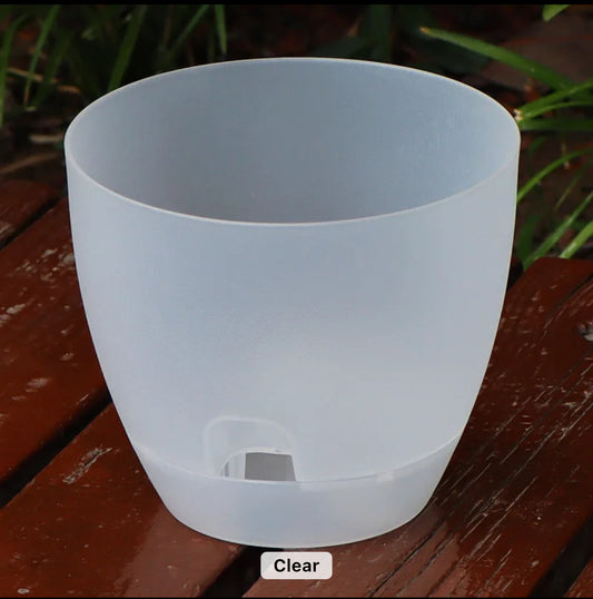 Self-watering pot with barrel, transparent
